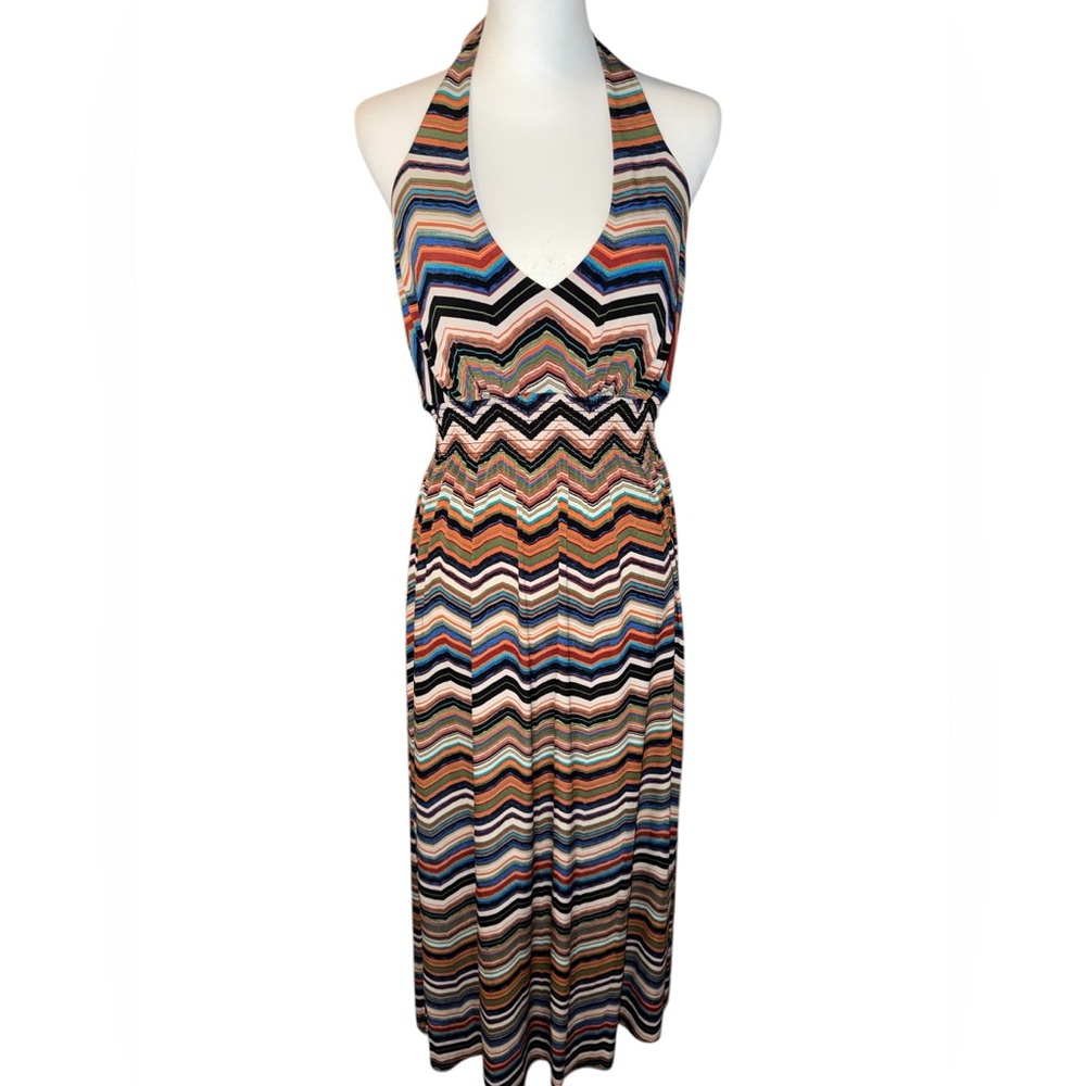 MICHELLE BOHBOT Bisou Bisou Chevron Print Stretch Dress Maxi Halter Size 16